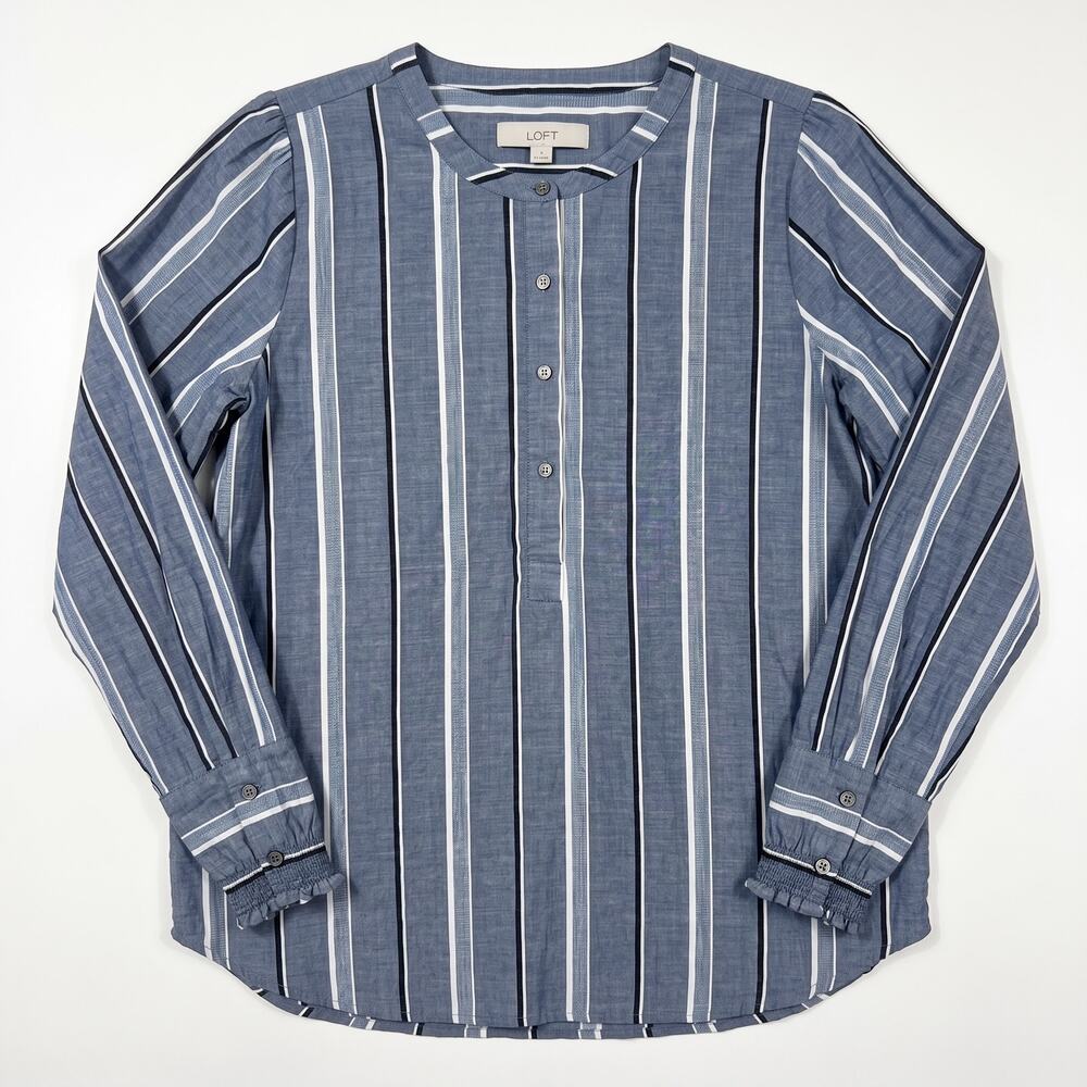 LOFT Denim Blue Striped Long Sleeve Blouse Size Small Boho Pleated Henley Top